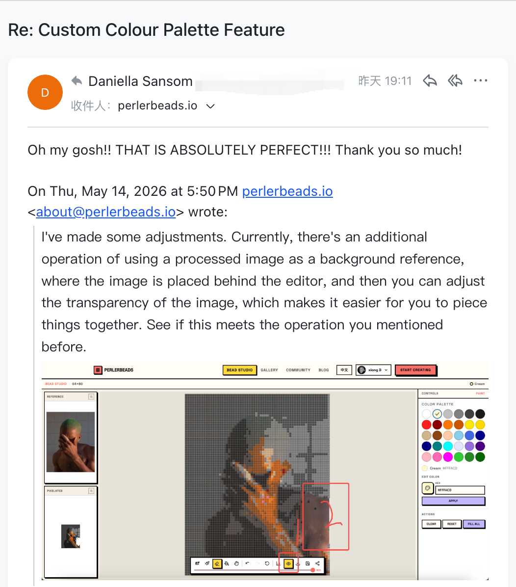 Email from Daniella Sansom praising the reference image overlay feature