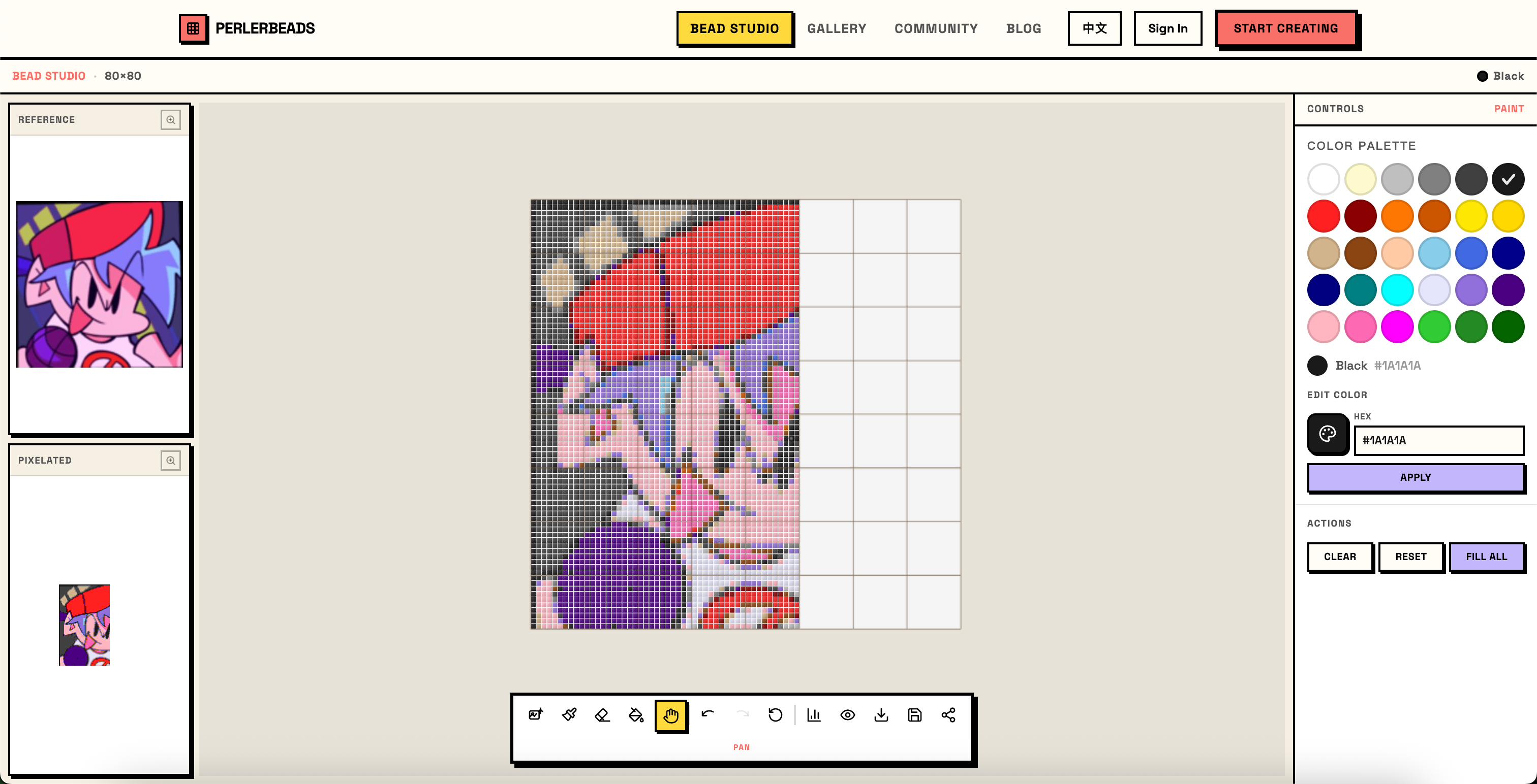 The right half of the canvas has been erased to reveal the raw reference image, while the left half still shows placed beads — a direct side-by-side color comparison