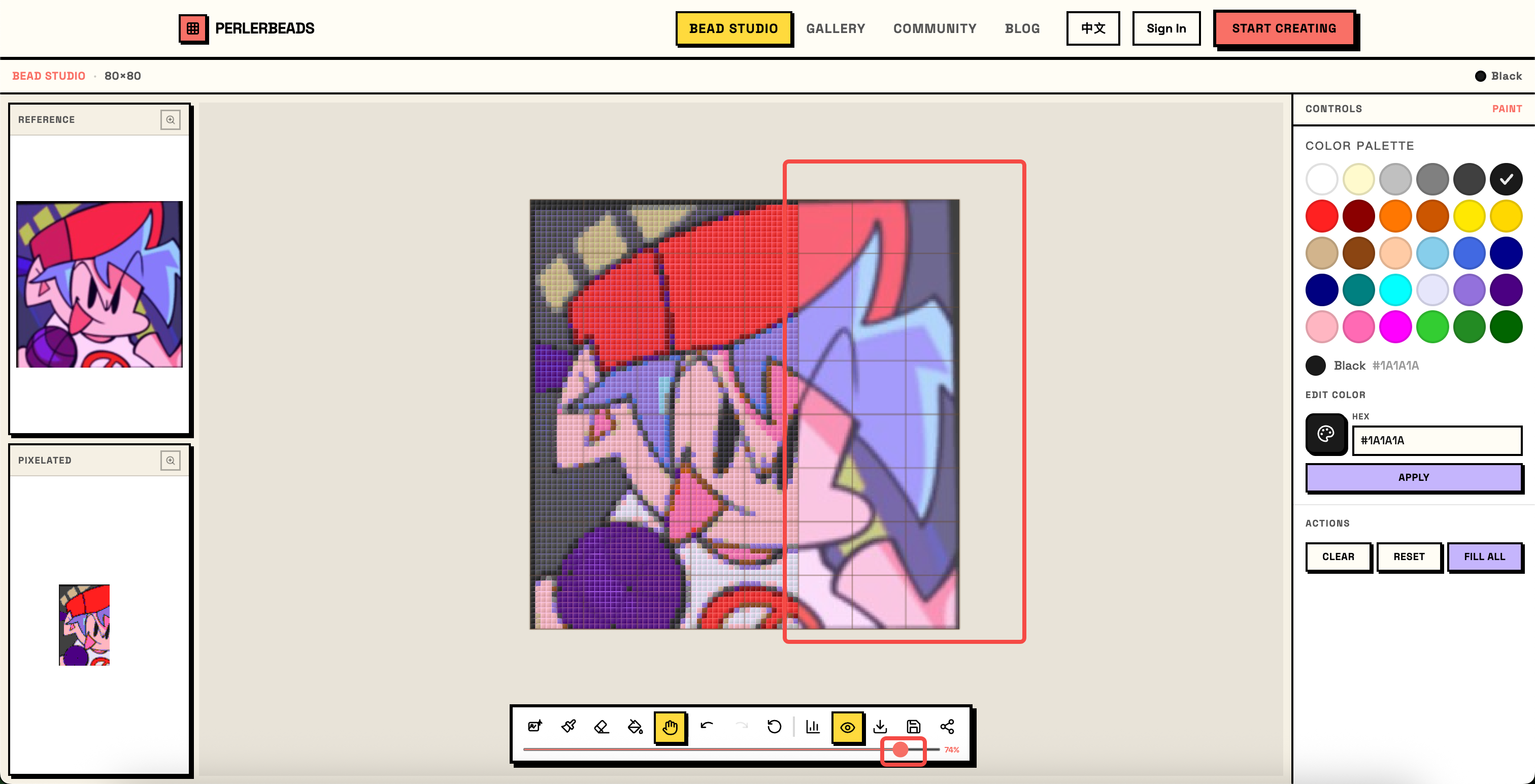 Opacity at ~74%: the reference image shows through clearly, great for color verification
