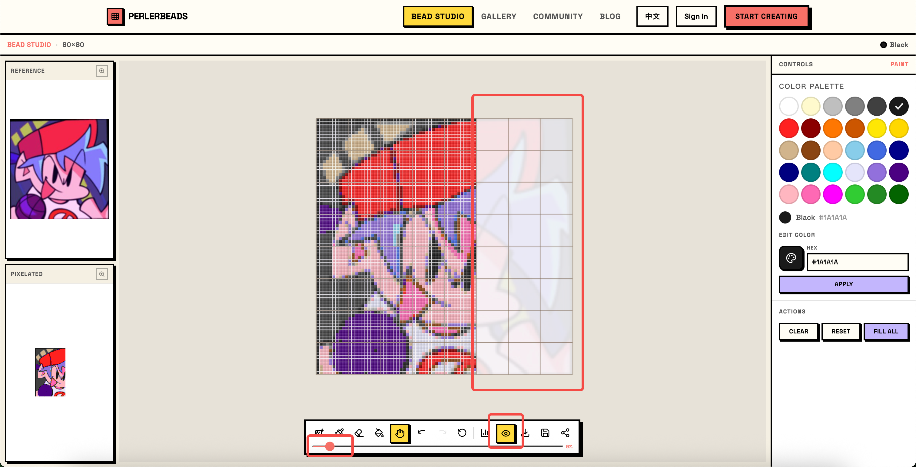 Opacity at ~9%: the reference image fades to almost nothing, letting the placed beads speak for themselves