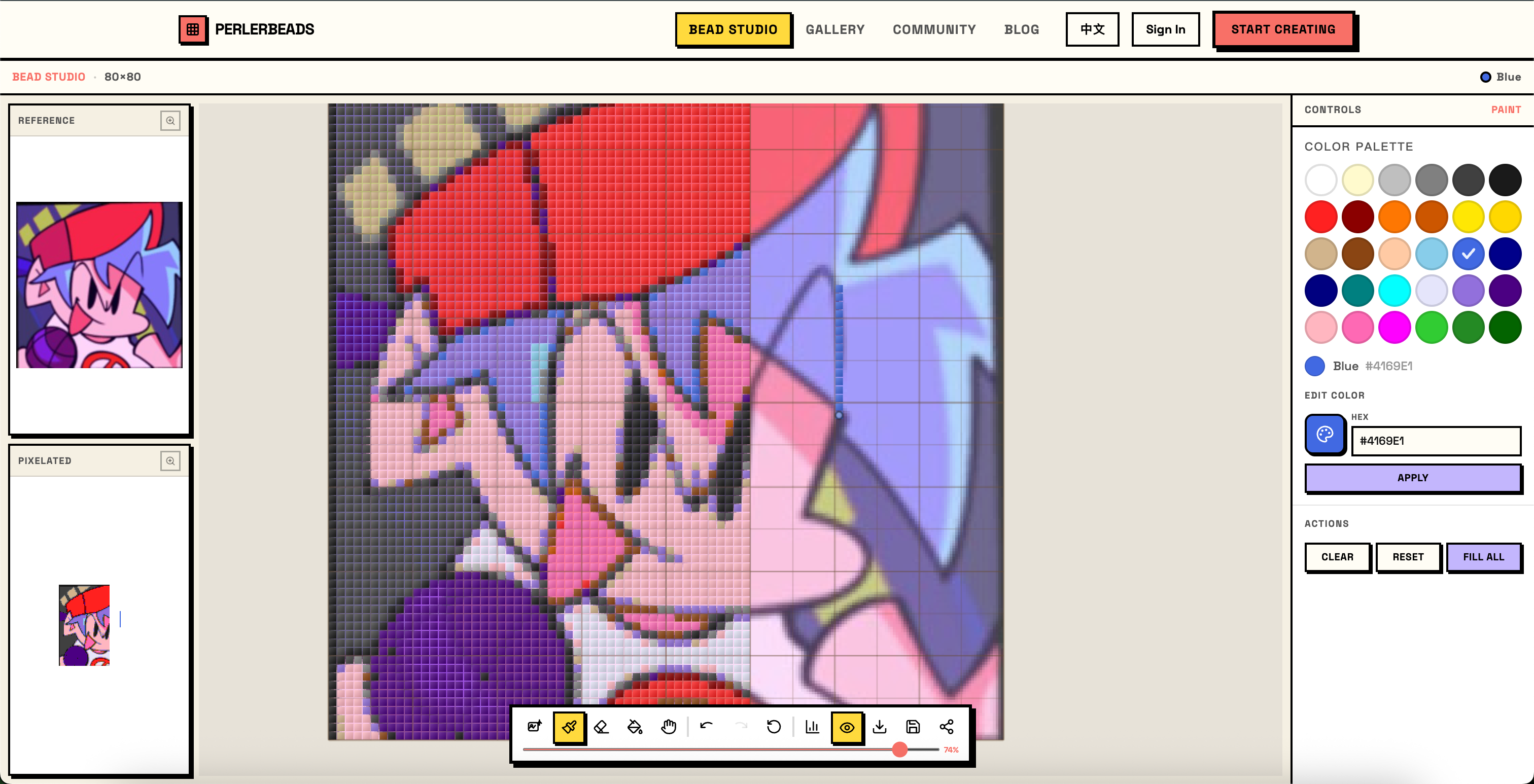 Placing beads with the reference overlay active at a comfortable opacity — color matching is intuitive and direct