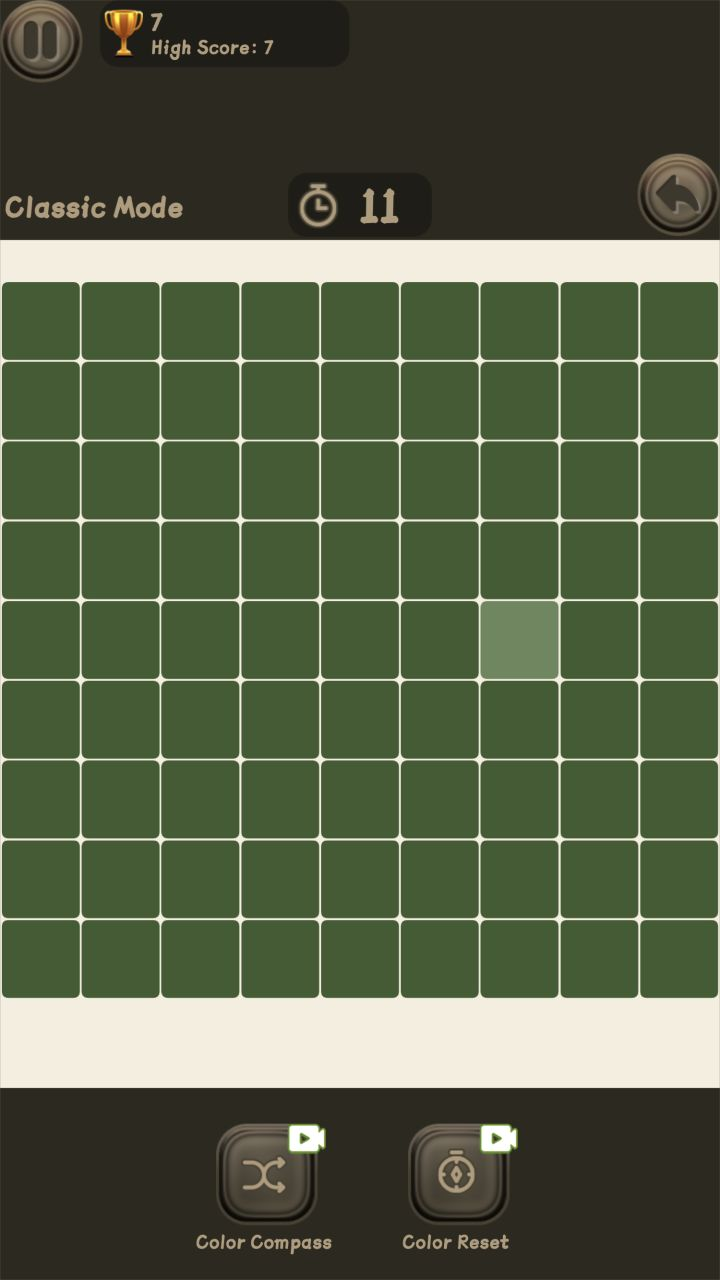 Classic Mode color grid with one lighter green square and helper tools below