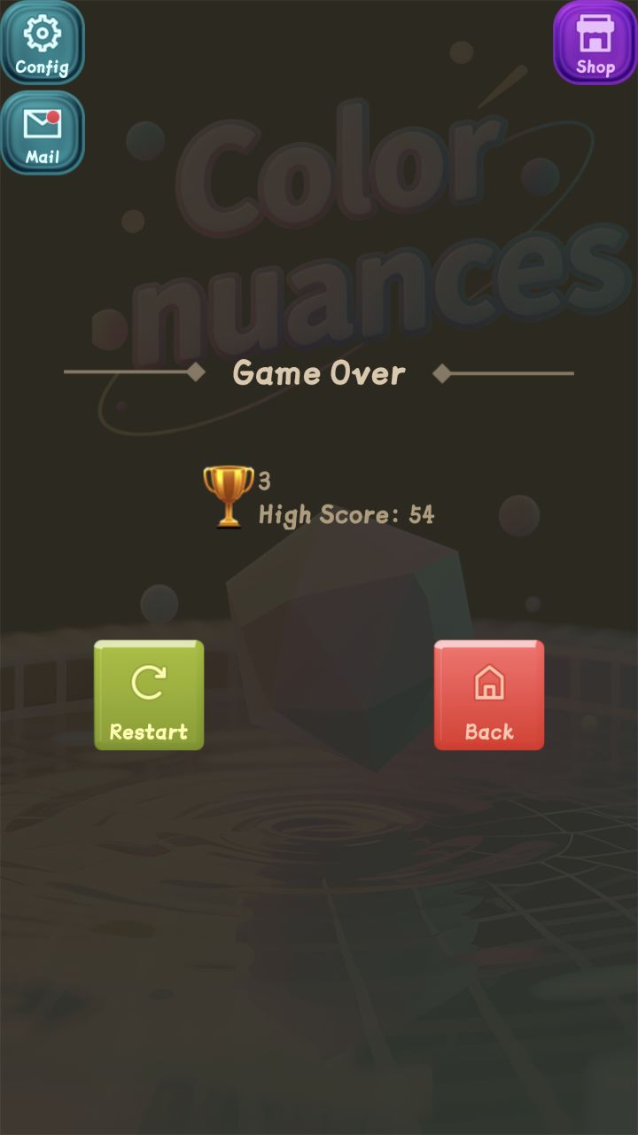 Color Nuances Game Over screen showing run score, high score, Restart, and Back