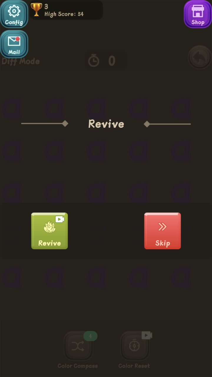 Revive prompt offering a rewarded-video revive or a Skip button