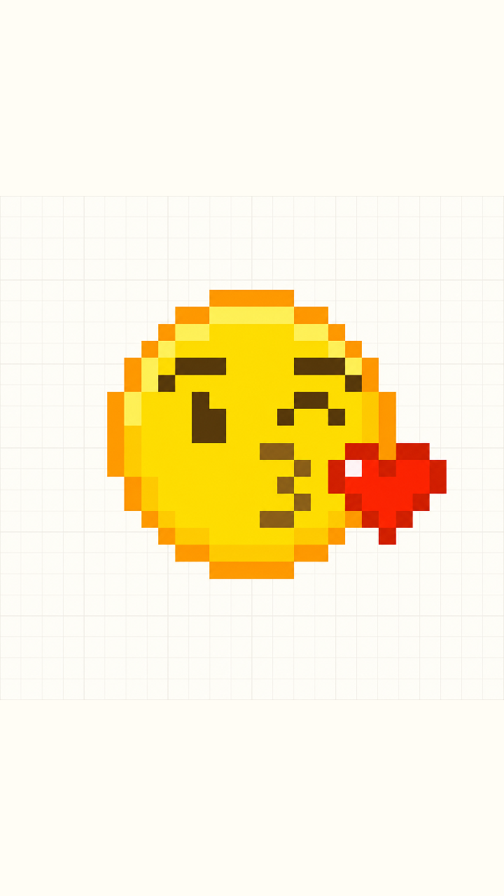Clean finished Pixel Color artwork of a yellow kissing face and red heart